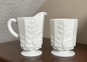 Vintage Westmoreland Milk Glass Paneled Grape Footed Open Sugar & Creamer